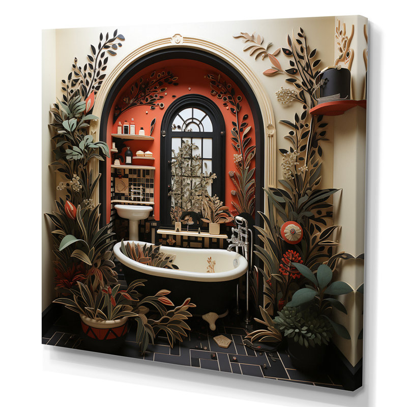 " Red Modern Bathroom Charm I ", Wrapped Canvas, 24" H x 24" W x 1" D