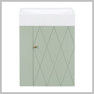 Meuble-lavabo de 20 po avec lavabo en céramique, porte à motif de losanges, poignées dorées et tablettes de rangement latérales - petit cabinet moderne avec barre à serviettes, fabrication en panneau de fibres à densité moyenne, assemblage requis