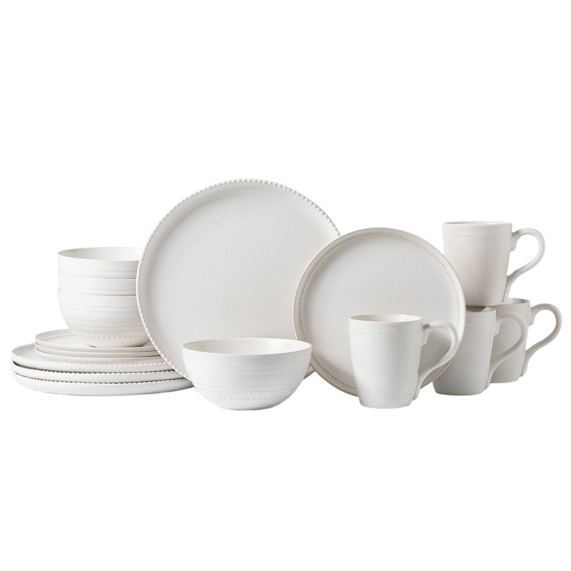 White embossed mesh pattern stoneware dinnerware set, 16 pieces, suitable for four people.
