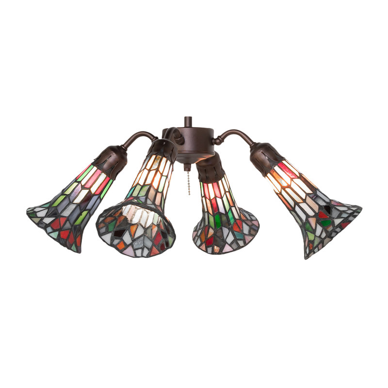 19" Wide Stained Glass Pond Lily 4 Light Fan Light, Red/Green/White/Black/Brown/Blue