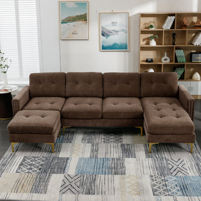  110 Inch L-Shape Sectional Sofa Upholstered Tufted Couch Convertible Sofa with Chaise and Ottoman, Brown