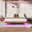 Floating Bed Frame Of King Dimensions With Walnut - Colored Finish And Led Lights For Decoration, Wave Formed Wood Texture, Metal Slats Support, No Box Spring Setup, Invisible Suspension Design-1634865827-1634865829