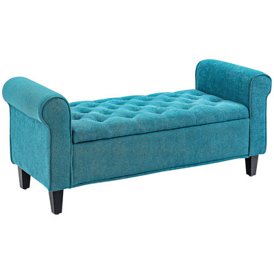 50" Storage Ottoman Bench, Upholstered End Of Bed Bench With Rolled Arms, Wood Legs, Button Tufted Storage Bench With Safety Hinges For Living Room, Entryway, Bedroom, Teal