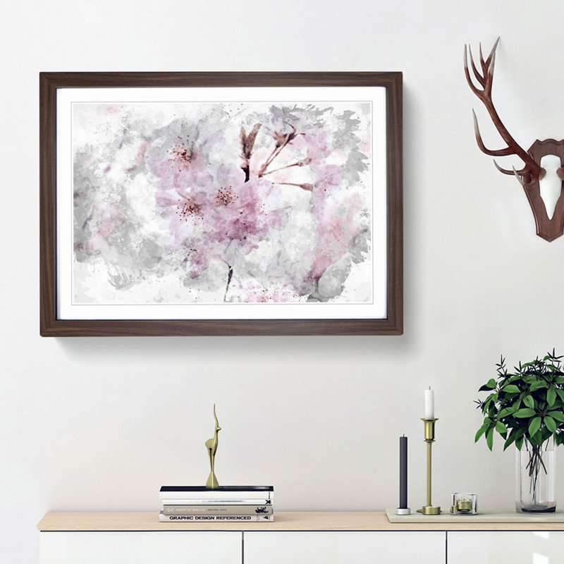 A Pretty Pink Cherry Blossom Tree in Abstract - Picture Frame Painting Print on MDF, 62cm H x 87cm W x 2cm D, Walnut Framed