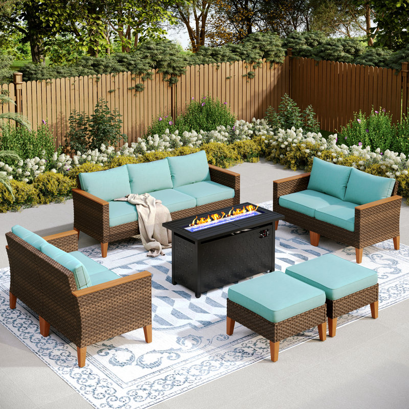 Phenice 9 - Person Wicker Outdoor Patio Conversation Furniture Sectional Set with Fire Pit Table, Blue