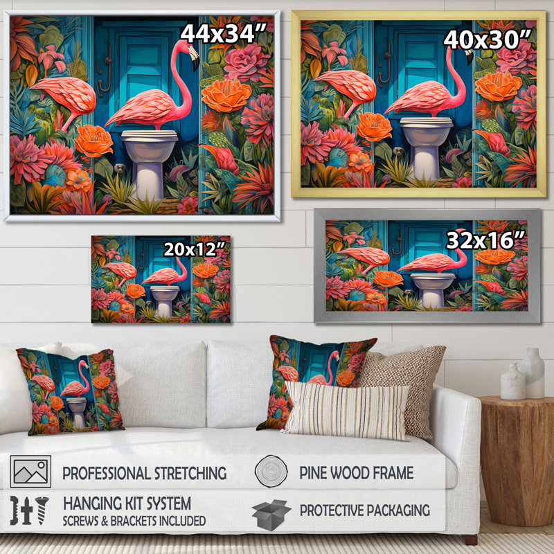 Décoration murale flamants pour salle de bain 1 - toilette, Toile tendue, H 24 po x l 32 po x P 1 po