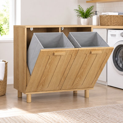 26-Inch MDF Laundry Room Organizer Cabinet with 2 Removable Baskets, Oak Finish