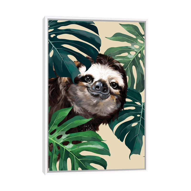 Sloth furtif avec monstera, H 26 po x l 18 po x P 1,5 po, Toile blanche encadrée