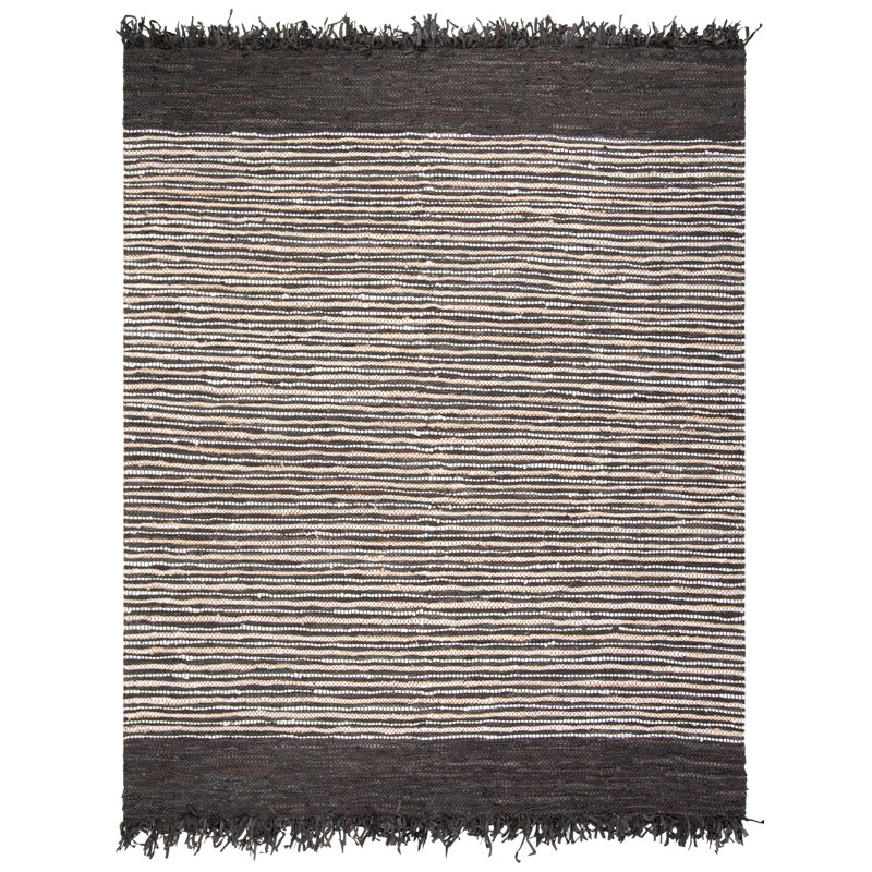 Exley Vintage Leather Hand Woven Leather Cotton/Jute Striped Rug in Dark Brown