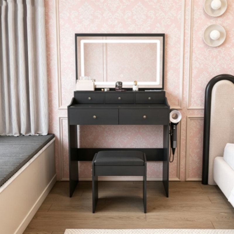 Bureau de coiffeuse noir moderne avec grand miroir et prise de courant, ensemble de coiffeuse à maquillage avec 5 tiroirs, support pour sèche-cheveux et éclairage à DEL réglable à 3 couleurs, coiffeuse pour chambre à coucher