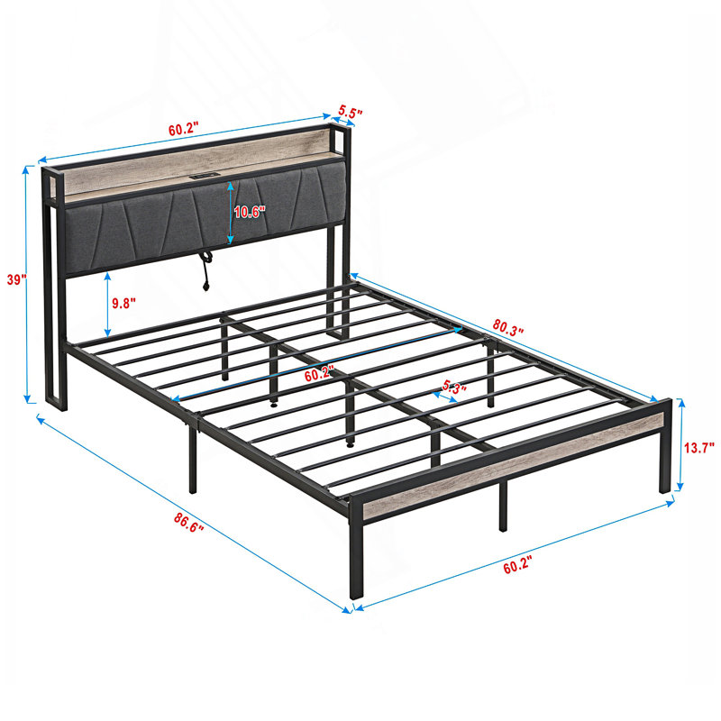 Structure de lit plateforme contemporaine en métal avec tête de lit, doublure USB et pied de lit, Grand lit