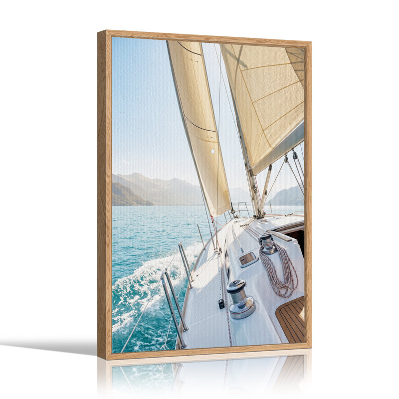 Voilier blanc sur toile d'eau turquoise, H 48 po x l 32 po