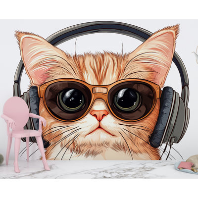 Cute Cat Wall Mural, Cool Kitty Wallpaper, Cat With Sunglasses and Headphones, Kids Room Wall Decor, Nursery Pet Wall Art 260 GM