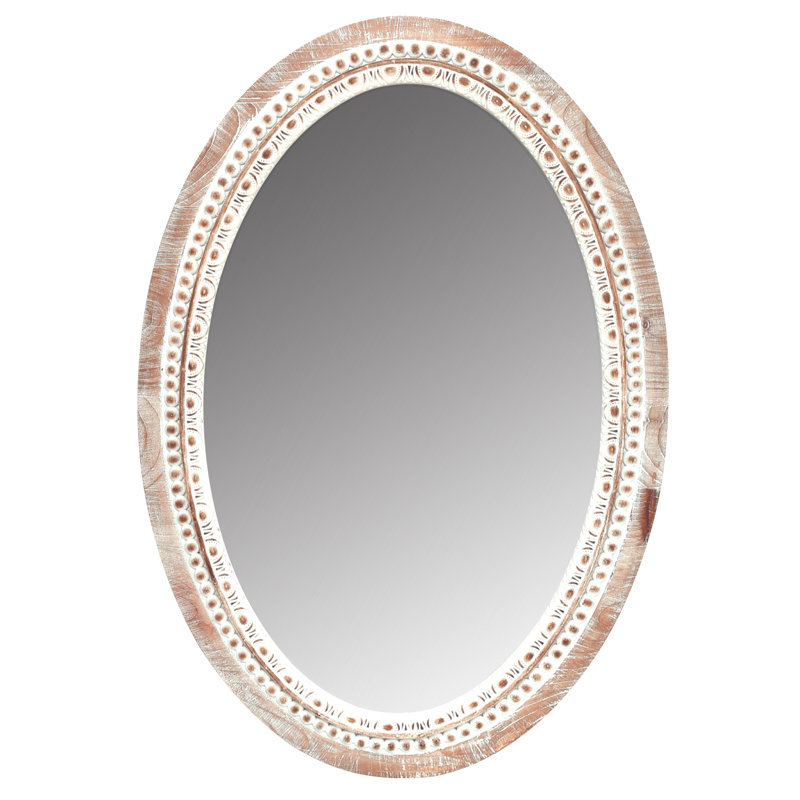 White Wash Beaded Wooden Frame Farmhouse Wall Mirror, Rustic Decorative Mirror for Living Room Bathroom Entryway, Oval
