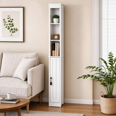 Haslom 70" H Tall Bathroom Storage Cabinet, Slim Freestanding White Linen Tower with Adjustable Shelves, Toilet Paper Storage Cabinet with Magnetic Door, Narrow Bathroom Floor Cabinet with Toilet Paper Scroll for Small Spaces