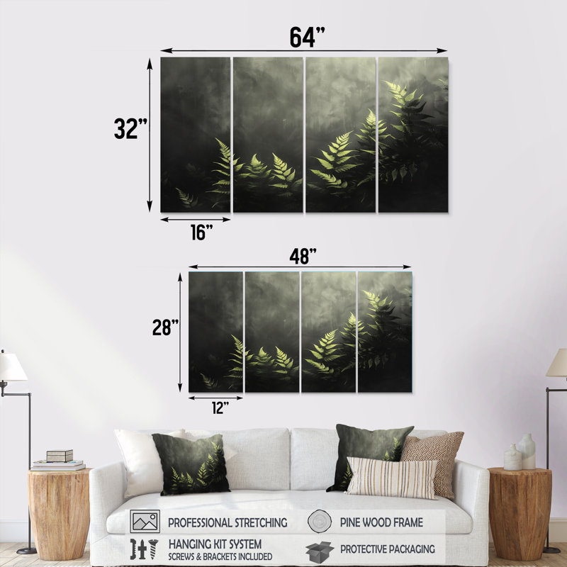 Ensemble de salon vert et noir Noirurnal Nirvana Ferns II - Ferns Wall Art, H 32 po x l 64 po