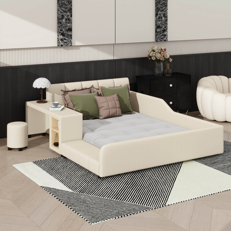 Lit tapissier à la terre, lit mère et enfant avec bureau de chevet et petit tabouret rond, Double, Beige