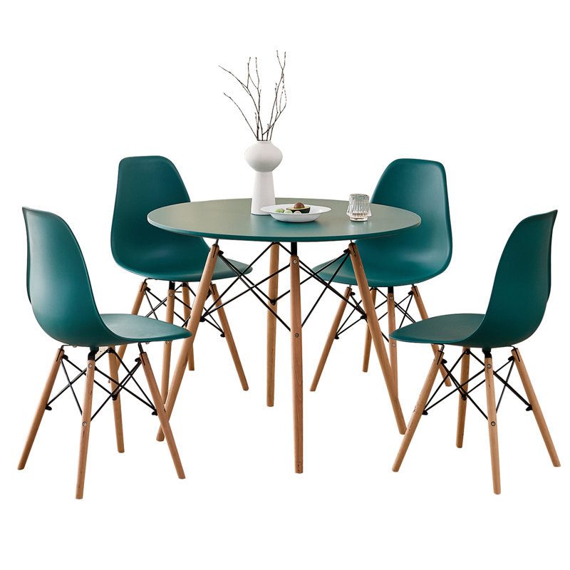 Ensemble de table de salle à manger 5 pièces pour 5, table de cuisine 35,5 po avec pieds, pieds en bois massif, sièges en plastique, vert