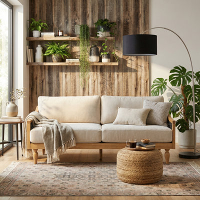 Elara Mid-Century Modern Rubberwood Loveseat Sofa with PE Rattan Armrests