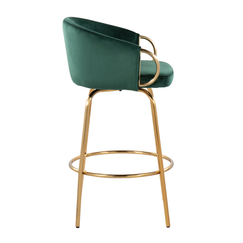 Josie 26" Fixed-Height Velvet Counter Stools with Gold Metal Legs & Round Footrest, Green