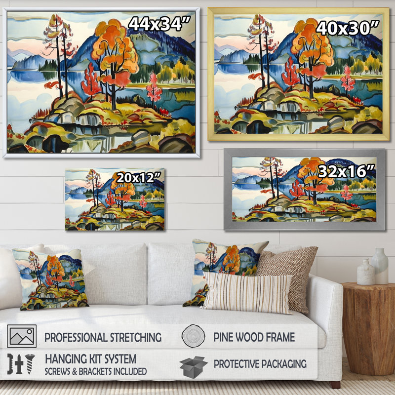 Peinture d'automne «Mountain Beauty Serenity», H 30 po x l 40 po, Cadre flottant blanc