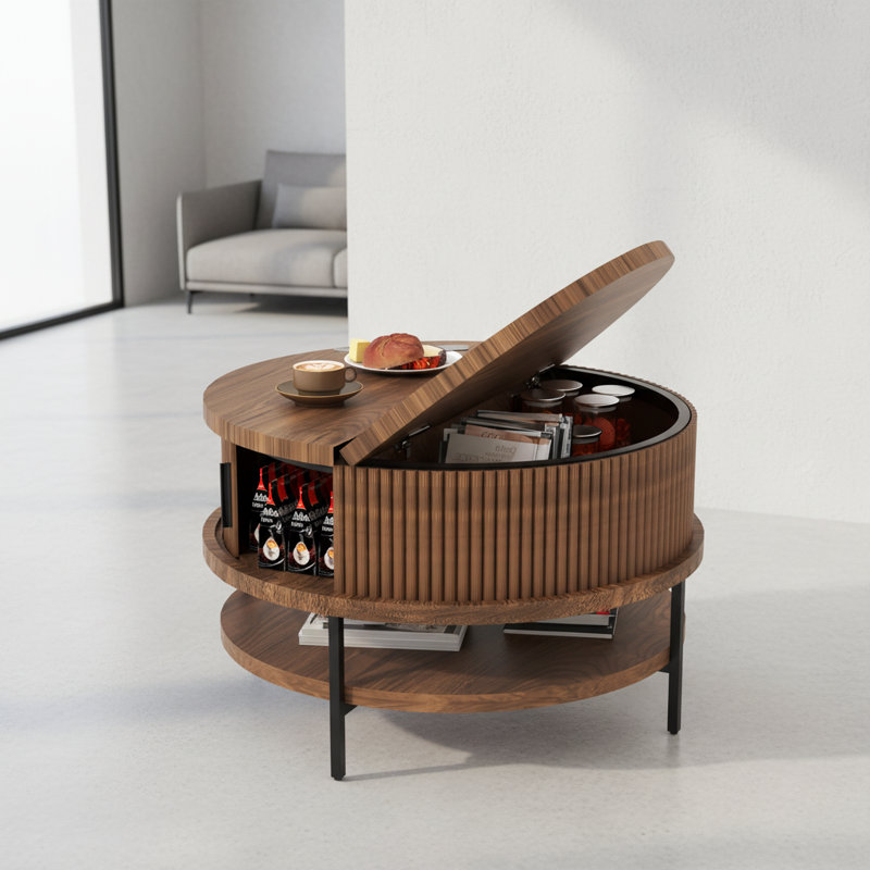 Table basse 31,5 "Farmhouse Round | Plateau rabattable et rangement caché | Idée cadeau