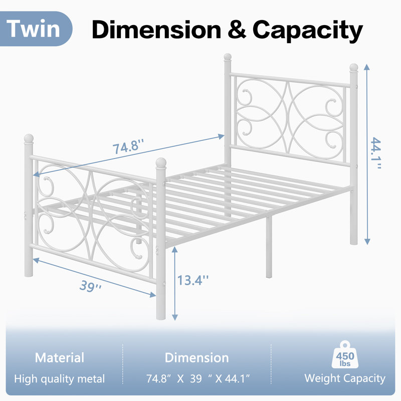 2PCS Single Metal Bed Frames With Headboard And Footboard For Kids Teenagers Adults, White