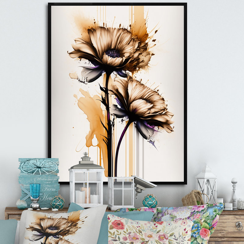 Gerbera orange sur fond abstrait I - Peinture sur toile, H 20 po x l 12 po x P 1 po, Cadre flottant noir