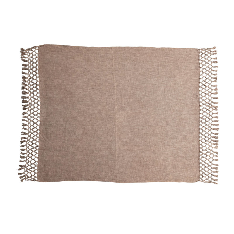 Jeté bohémien en coton flammé avec crochet et frange, Brun