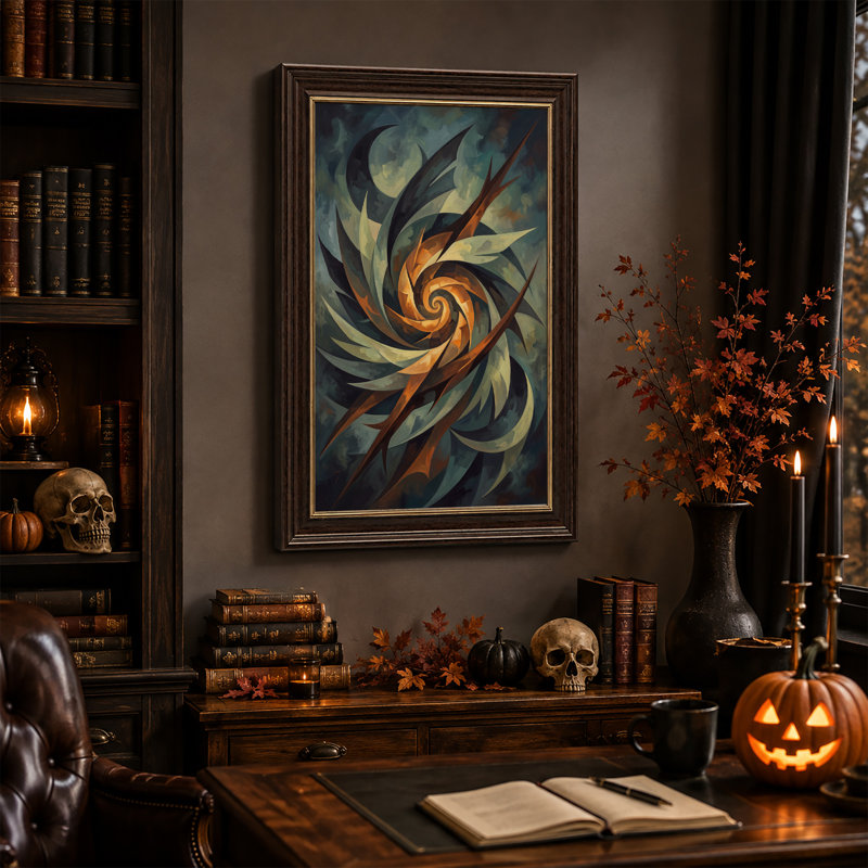 Toile murale d'Halloween avec motif abstrait en spirale tourbillonnante dans des tons oranges chauds, 18"H x 12"W