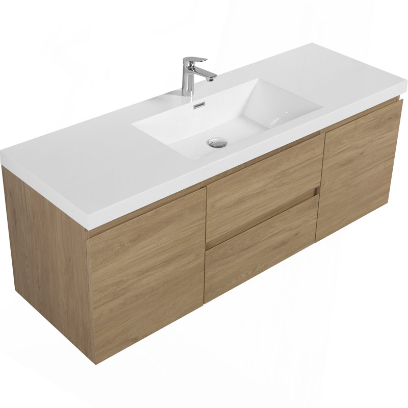 Meuble-lavabo flottant 60 po avec lavabo, meuble de rangement mural avec lavabo à surface solide et tiroirs à fermeture en douceur, chêne naturel 60 po
