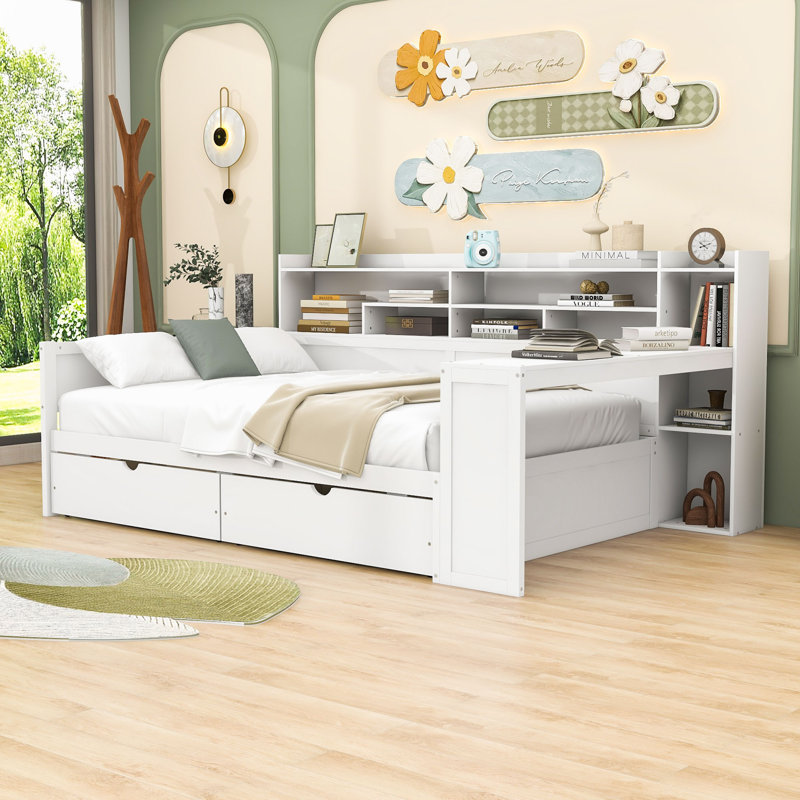Wood Daybed with Drawers, Desk and Shelves