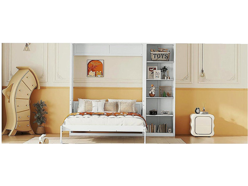 Full-size wall-mounted Murphy bed with shelf, white, Full / Double, White