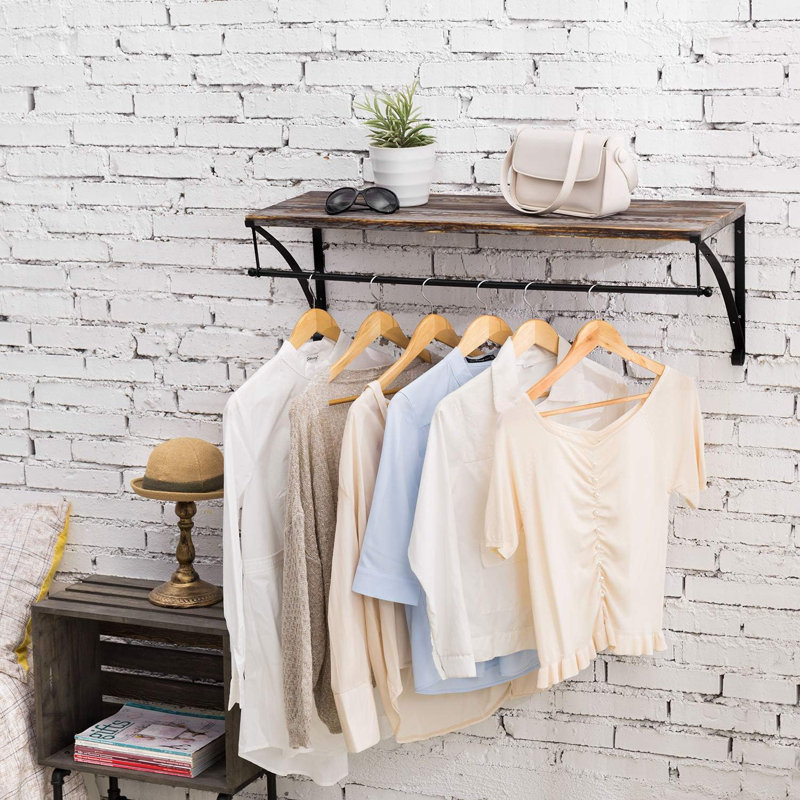 Wall Mounted Wood Shelving Unit With Metal Clothes Hanging Rod And Floating Display Shelf For Home Or Retail Storage