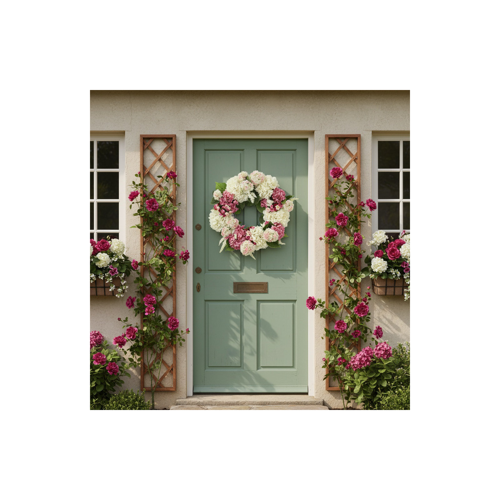24" Hydrangea Wreath with Ranunculus and Viburnum