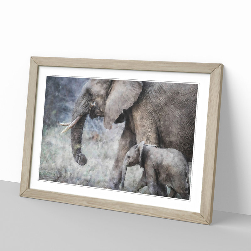 Mother and Baby Elephant Vol.1 - Framed Print, Oak Framed, 48cm H x 65cm W x 2cm D