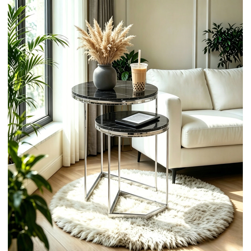 Coffee Table, Round Black Marble Set of 2