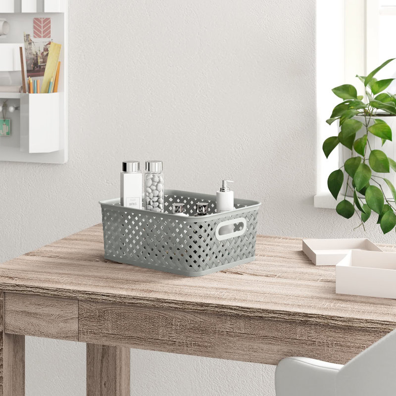 Gray Rectangular Resin Wicker Storage Bin with Handles