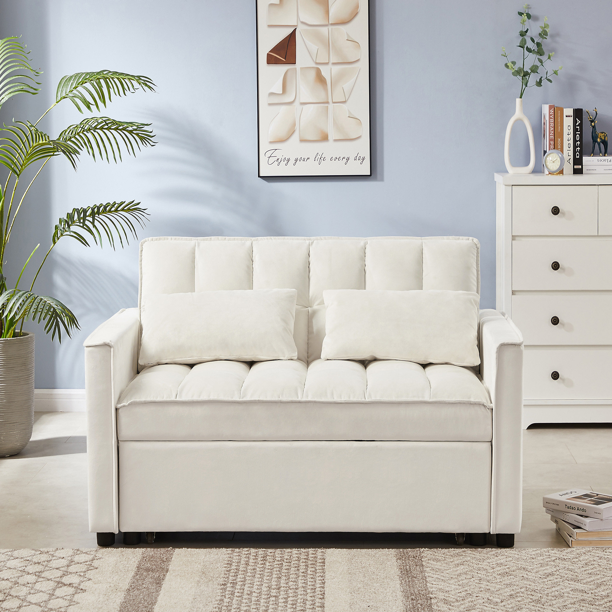 Ebern Designs Off White Velvet Loveseat Sofa Bed | Wayfair