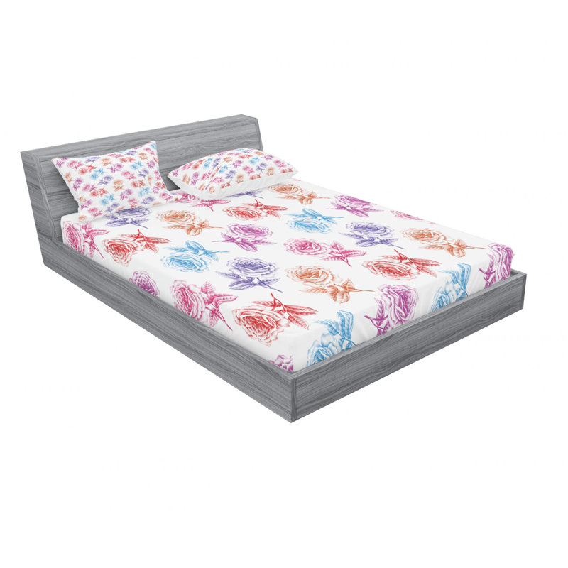 Microfiber Floral Sheet Set, Queen Sheet Set with Fitted Sheet, Rose Blossoming Floral