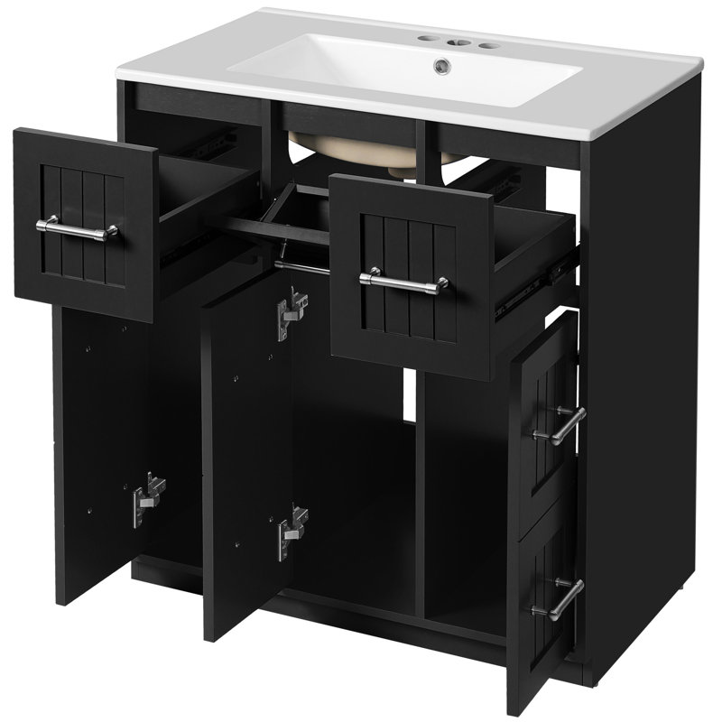 Armoire de salle de bain 30 po, lavabo encastré, tiroirs, poignées, meuble-lavabo moderne, charnières à fermeture en douceur, fonction de déversement multiple, rangement