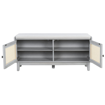 Boho Rattan Entryway Bench with Storage, Cushioned Shoe Bench with Double Doors, Wooden Shoe Organizer Bench for Entryway and Hallway (Gray Wash+Beige )