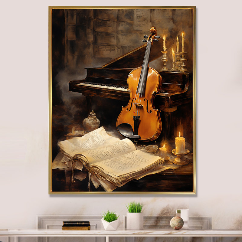 Violon rétro et harmonie piano II sur toile, Cadre flottant doré, H 44 po x l 34 po