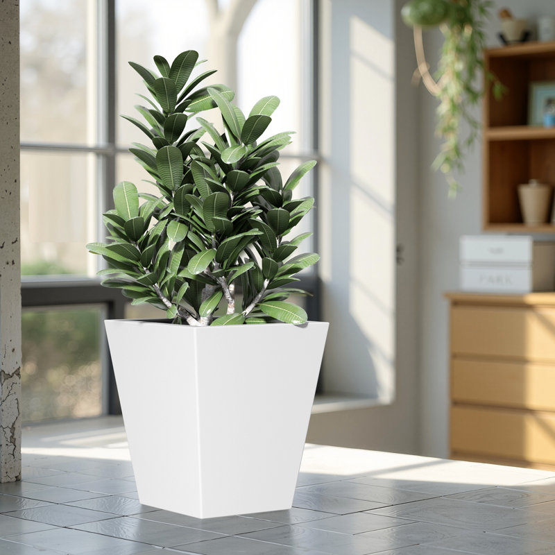 Tall Metal Tapered Planter – Large Outdoor & Indoor Garden Plant Pot With Drainage Hole And Rubber Plug, White