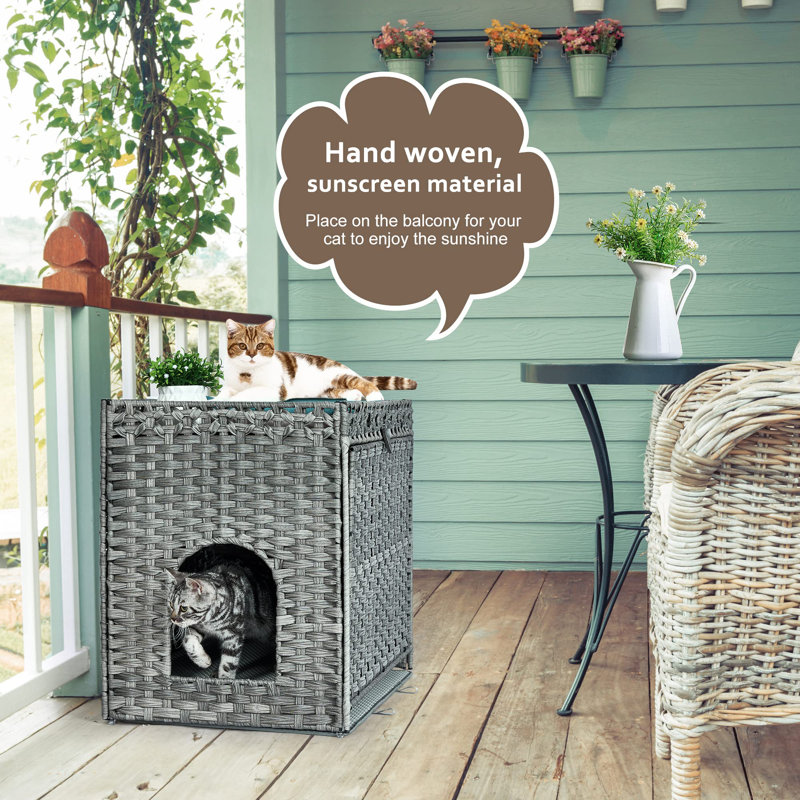 Grey Handwoven Rattan Cat Litter Box Enclosure with Soft Mat