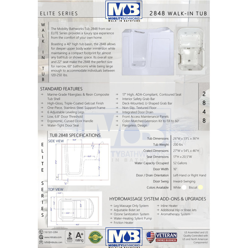 48'' x 28'' Soaking Fiberglass Bathtub with Faucet, Left, Beige