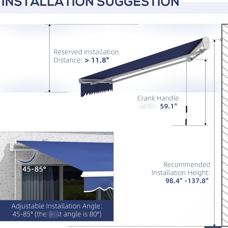 Retractable Patio Awning 13' X 8'. , Water- Fabric, Manual Crank, Aluminum Frame, Dark Blue For Deck Leisure 8' Sunshade Awning. & Water-. Crank Operation. Construction. Multi-Surface Use. Heat