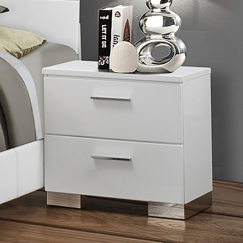 2 Table de chevet en poli blanc ultrabrillant - Rangement spacieux pour chambre à coucher Tiroirs doublés de feutre