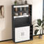 Wooden tall kitchen cabinets with LED ambient lighting, pantry cabinets with space for a microwave, height-adjustable shelves-124901720