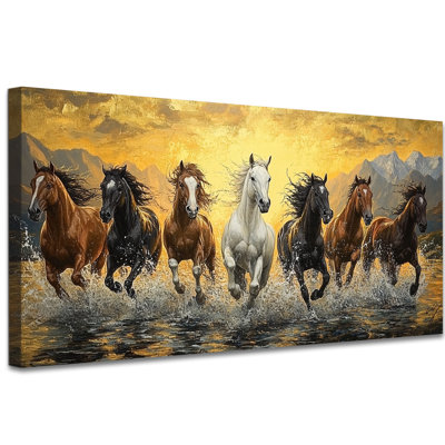 Running Horses Wall Decor - Canvas Horse Pictures with Pine Frame, Elegant Horse Art Wall Decor for Living Room, Vibrant Artwork Decoration for Bedroom Wrapped Painting Wall Art Canvas, 16×32 inches